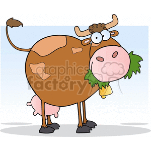 The clipart image features a cartoon cow with a humorous expression. The cow is brown with white patches, and it has a large pink nose and a comic pair of bulging eyes. It also has a bell around its neck and is chewing on a green tuft of grass.