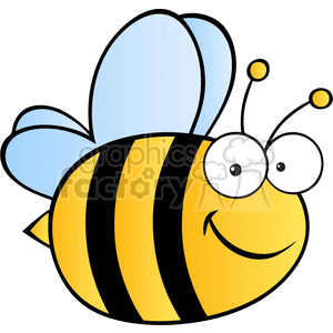 A cheerful, cartoon-style clipart image of a yellow and black bee with light blue wings, smiling and looking happy.