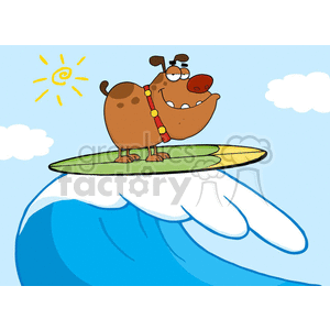 The clipart image depicts a jovial brown dog with a big smile, wearing a red collar with yellow details, standing on a green and yellow surfboard and riding a wave. The dog has a floppy ear and a tongue sticking out, enhancing the comedic effect. The scene is set against a clear blue sky with a sun and a cloud, illustrating a bright sunny day perfect for surfing.