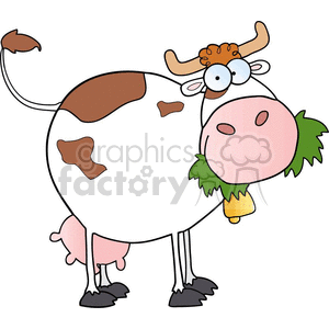 The clipart image features a cartoon cow with a humorous expression. The cow has a large head with big, googly eyes, a pair of horns, and an orange tuft of hair on top. Its body is predominantly white with brown spots, and it has a pink snout. The cow is also shown eating a green leafy plant, with the leaf sticking out from the side of its mouth. It's standing upright on four legs, and we can see its udder and tail.
