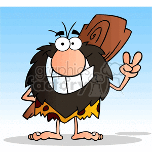 A humorous cartoon caveman character with a big smile, holding a wooden club and making a peace sign.