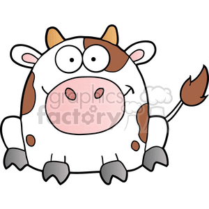The clipart image depicts a cartoon cow with a comical expression. The cow is white with brown spots and has big, protruding eyes, a large pink snout, and small horns. It has a cute, chubby body with small legs and a tail with a tuft at the end.