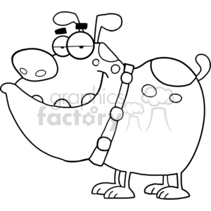   The image is a black-and-white line drawing of a cartoon dog. It has big, exaggerated features, such as a large, round body and an oversized mouth. The dog is wearing a collar with a leash attached and has spots on its back and rear. It