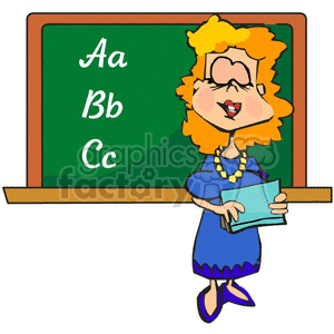 Cartoon image of a teacher standing in front of a blackboard with uppercase and lowercase letters A, B, C written on it.