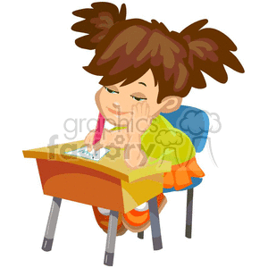 The clipart image shows a classroom setting with a school girl sitting at her desk, engaged in various school-related activities. She is shown writing, studying, or doing homework. The image depicts a typical scene from a school environment, indicating the start of a new academic year ("back to school").
