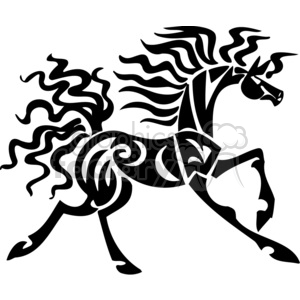 Black tribal-style clipart of a horse with flowing mane and tail.