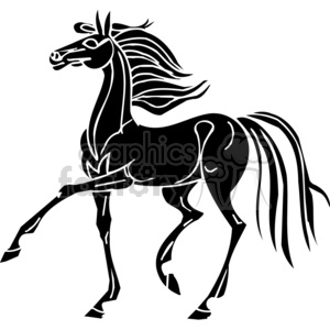 A stylish black and white clipart illustration of an Arabian horse in a trotting pose with its mane and tail flowing gracefully.