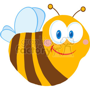 A cute and colorful clipart image of a smiling cartoon bee with blue wings, large blue eyes, and pink cheeks.