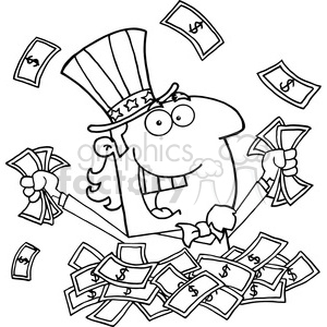 Black and white clipart of a cartoon character wearing a striped top hat, surrounded by and holding dollar bills with a happy expression.