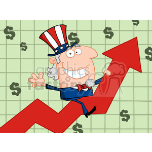 Clipart image of a cheerful cartoon character wearing a patriotic hat, representing Uncle Sam, riding a red upward arrow. The background features a grid with dollar signs, symbolizing financial growth or economic success.