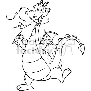 The image is a black and white line art illustration of a cartoon dragon. The dragon has a comical expression, with large, wide eyes and a big, goofy smile displaying its tongue. It features exaggerated characteristics such as a long snout with nostrils, pointy dragon ears, two horns on its head, and large wings. The dragon's body is rounded with a striped belly and spots along its back and tail. It also has clawed arms and a tail ending in a spade-like tip.