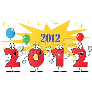 A humorous clipart image featuring comic character numbers forming '2012', celebrating with balloons and happy expressions.