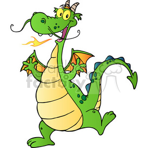 This clipart image features a whimsical, cartoonish dragon with a playful expression. The dragon is predominantly green with a lighter yellow belly, has orange wings with green tips, and appears to be breathing a small flame. It has big, googly eyes and a long tongue sticking out, giving it a goofy demeanor. Its tale ends with a leaf-like shape, and it has two horns on its head with what look like striped patterns.
