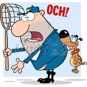 This is a humorous clipart image featuring a dog catcher who is surprised and yelling OCH! while appearing to react to a bite on the rear by a small, mischievous chihuahua. The dog catcher is in a blue uniform, complete with a cap, and is holding a net. The chihuahua is brown with big eyes and is wearing a collar, wagging its tail and seeming to be quite pleased with itself.