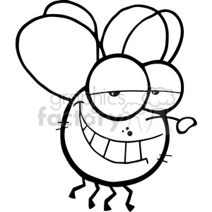   The clipart image depicts a cartoon style drawing of a funny fly. The fly has exaggerated large eyes, a big smile, and six legs. The wings are oversized in relation to the body, emphasizing a comical and whimsical quality. 