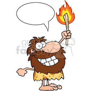 A cartoon caveman with a big grin holding a fiery torch, with an empty speech bubble above.