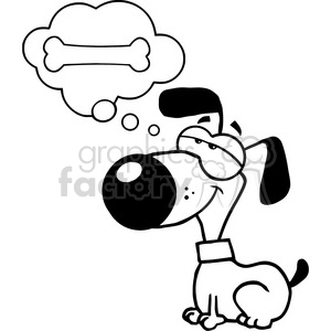 This is a black and white clipart image of a cartoon dog dreaming of a bone. The dog is sitting down and has a large dot for a nose, a floppy ear, and a collar around its neck. The thought bubble above the dog's head contains a bone, indicating what the dog is fantasizing about.