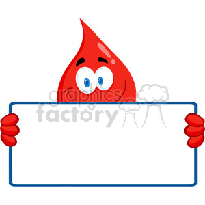 A comical blood drop character holding a blank sign, often used in medical or donation contexts.