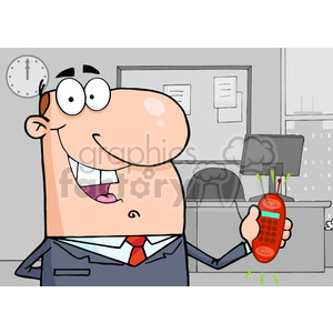 This is a comical clipart image depicting a caricatured businessman in an office setting. The businessman is holding a red phone which appears to have several green needles or signals emanating from it, likely indicating an incoming call or a heightened state of activity. He has an exaggerated grin on his face, and his eyes are looking towards the viewer. The office environment includes a wall clock, framed documents on the wall, and a desktop computer monitor on a desk. The colors are bright and cartoony, which adds a whimsical feel to the image.