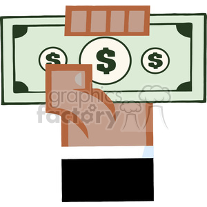 This clipart image features a hand holding a dollar bill. The hand is depicted with simple, blocky shapes and is positioned upright, showcasing the money.