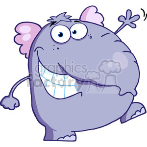   The clipart image features a comical, cartoon-style elephant that appears happy or joyful. The elephant is purple with a big, friendly smile showing teeth, and it has large, expressive eyes. It also has one ear sticking out comically and a small tail with a tuft at the end. 