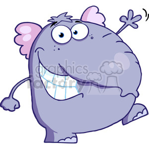 The clipart image features a comical, cartoon-style elephant that appears happy or joyful. The elephant is purple with a big, friendly smile showing teeth, and it has large, expressive eyes. It also has one ear sticking out comically and a small tail with a tuft at the end.