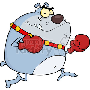   This clipart image features a comical cartoon dog dressed as a boxer. The dog is standing on its hind legs, wearing a pair of oversized red boxing gloves and a red boxer shorts with yellow dots. The dog has a funny expression, with one eye larger than the other, an askew mouth, and a bandage on its cheek, suggesting it