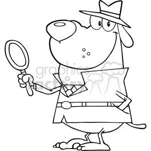 This is a black and white clipart image that features a comical depiction of a detective dog. The dog is standing upright, resembling a human investigator. The dog is wearing a classic detective's outfit, including a hat and trench coat. In one paw, it is holding a magnifying glass as if inspecting something closely or looking for clues. Its expression is one of focus and determination, as befitting a sleuth on the trail of a case. 