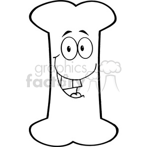 The image is a black-and-white clipart depicting a stylized, anthropomorphic bone with a cheerful face. The bone has large, cartoony eyes and a wide, friendly smile. The image does not, however, contain anything explicitly referring to comic action, bombs, explosives, or any danger/hazard as suggested by the keywords.