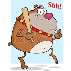 This clipart image depicts a cartoon dog that looks like it is attempting to be sneaky. The dog is standing upright on two legs and is tiptoeing. It has an exaggerated facial expression with one eye squinted, a big pink nose, and a Shh! text bubble indicating it's trying to be quiet. The dog is holding a big wooden bat behind its back, which is bandaged in the middle, suggesting the bat has been broken and repaired. The dog is wearing a red collar adorned with yellow bells. The character seems comical and mischievous.