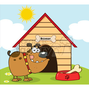 The clipart image shows a whimsical and comical scene featuring a brown dog standing near his doghouse, which has the name Boomer above the entrance. The dog appears to be happy and is wearing a red collar with a leash dangling from it. The dog is sticking its tongue out in a funny manner and has one oversized eye displayed prominently, adding to the silly nature of the drawing. There's a large bone inside a red dog bowl with a paw print on it, suggesting it's the dog's food bowl. The environment includes a sunny sky with one cloud and the sun shining brightly, while the ground is covered with grass and a couple of white flowers.