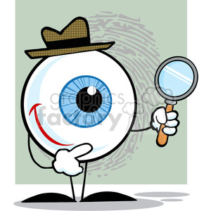Clipart image of a large blue eye character wearing a hat, holding a magnifying glass, and standing in front of a fingerprint background. The eye character is smiling.