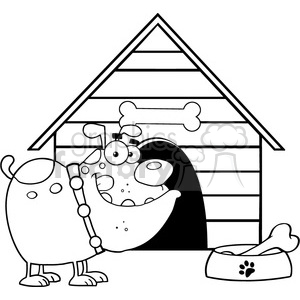   The image is a black and white clipart illustration featuring a funny, cartoonish dog standing beside its doghouse. The dog appears to be surprised or goofy, with its tongue hanging out and eyes looking in different directions. There