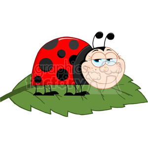 A cute cartoon ladybug with a red shell and black spots, smiling with a content expression, standing on a green leaf.