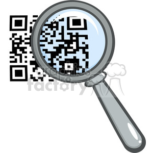 The clipart image shows a magnifying glass being held over a QR code (quick response code). There are also two smaller QR codes to the left of the magnifying glass. The magnifying glass is enlarging a section of the QR code, emphasizing the pixelated pattern that makes up the code.