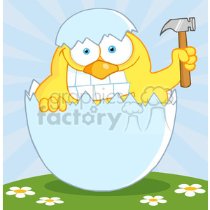 4760-Royalty-Free-RF-Copyright-Safe-Yellow-Chick-With-A-Big-Toothy-Grin-Peeking-Out-Of-An-Egg-Shell-With-Hammer