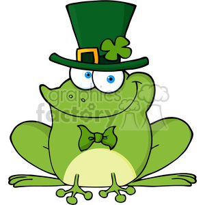  This clipart image depicts a cartoon frog with a whimsical and amusing expression. The frog is sitting down and is predominantly green in color. It wears a bright green St. Patrick