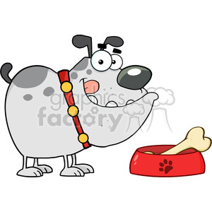   The clipart image features a whimsical, cartoonish depiction of a grey and white spotted dog with a comically large head and a silly expression. The dog is wearing a red collar with yellow dots and has one brow raised in a quizzical manner. It appears surprised or excited with it mouth closed with its tongue showing. To the dog