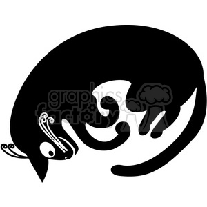   This clipart image features the silhouette of a black cat. The cat is in a curled-up position, resting or sleeping. The silhouette allows for a white negative space which forms decorative interior shapes, possibly to give artistic detail to the cat