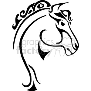 This clipart image features a stylized outline of a horse's head with decorative elements that suggest it could serve as a tattoo design or vinyl decal. The design is composed of bold, curving lines and swirls that create an artistic representation of the animal. The horse's mane and facial features are characterized by flowing, ornamental shapes, making the image suitable for various graphical applications.