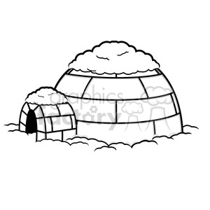 Clipart image of an igloos with snow piled on top and around it.