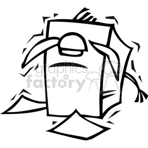 black and white image of a donkey stuck in a stack of papers
