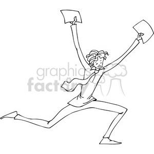 black and white cartoon of a man running with documents in his hands