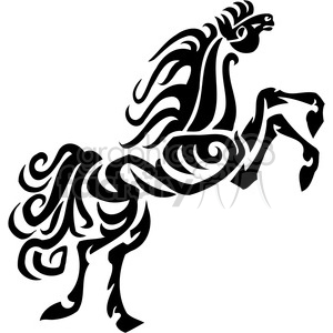 A black and white clipart image of a rearing horse with tribal or abstract design elements.