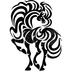 A stylized black-and-white clipart illustration of a horse in a dynamic pose with flowing mane and tail.