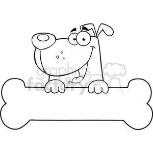   This is a black and white clipart image featuring a comical and stylized cartoon dog. The dog is smiling and peeking over a large bone, which is almost as big as the dog itself. The expression on the dog