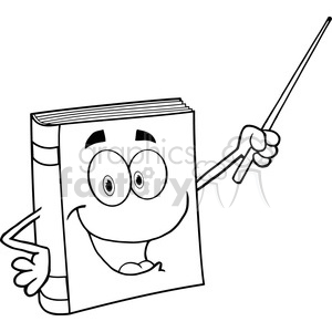 Black and white clipart of a cartoon book character with a smiling face, holding a pointer in one hand.