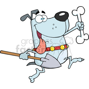   The clipart image features a comical blue dog with a large red tongue, wearing a red collar with yellow accents. The dog is animated and humanoid, holding a bone in one hand/paw and a shovel in the other. It seems to be dancing or skipping joyfully, as if it