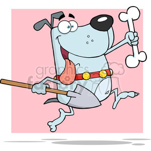   The clipart image depicts a comical cartoon dog with an exaggerated expression of joy. The dog is portrayed standing on one leg, with the other leg raised in the air. It is holding a large bone in one hand and a shovel in the other, as if it is about to dig a hole or is in the process of doing so. The dog has a red collar with yellow spots around its neck and its tongue is hanging out, emphasizing the playful and lighthearted nature of the image. The background is a simple pink, which doesn