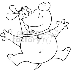 This clipart image depicts a comical, cartoon-style dog in a playful pose. The dog is depicted with oversized, exaggerated features, including big, round eyes, a large, smiling mouth, and ears that stick out to the sides. The dog appears to be jumping or dancing with joy, with its limbs spread out. It's wearing a collar, indicating it is a pet, and it also has a simple, round tag attached to the collar.